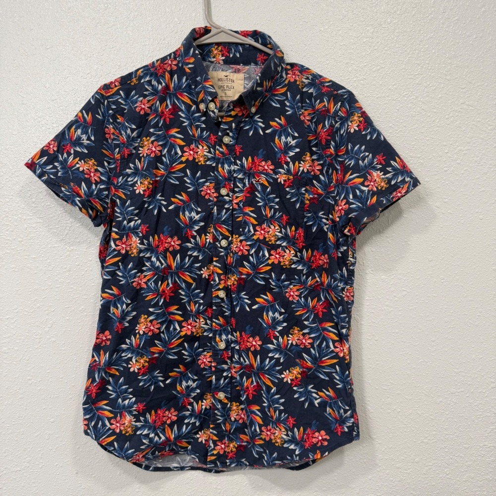 Hollister Epic Flex Mens Small Navy Blue Tropical Floral Short Sleeve Shirt